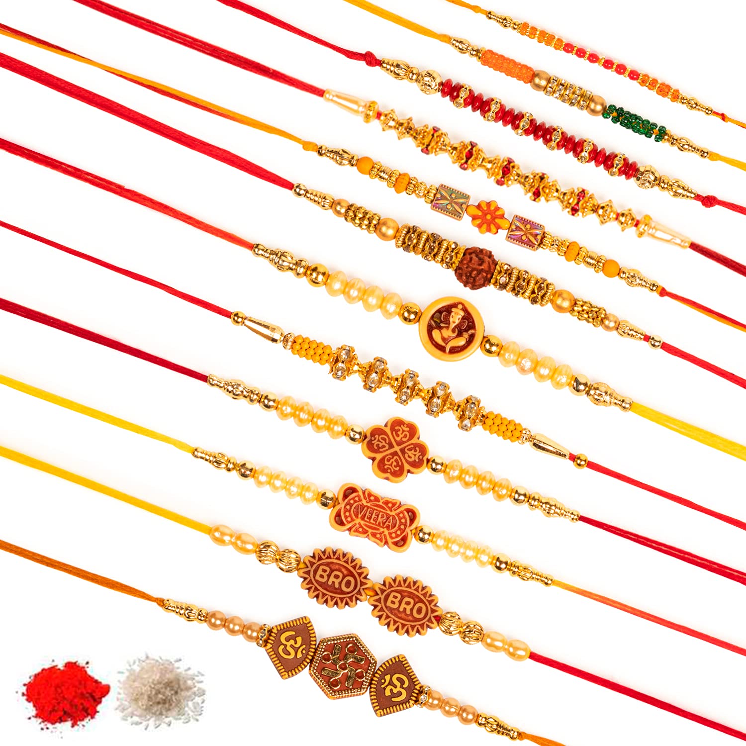 Multicolor Combo of 12 Dora Rakhi Set for Men with Roli Chawal Best Wishes 