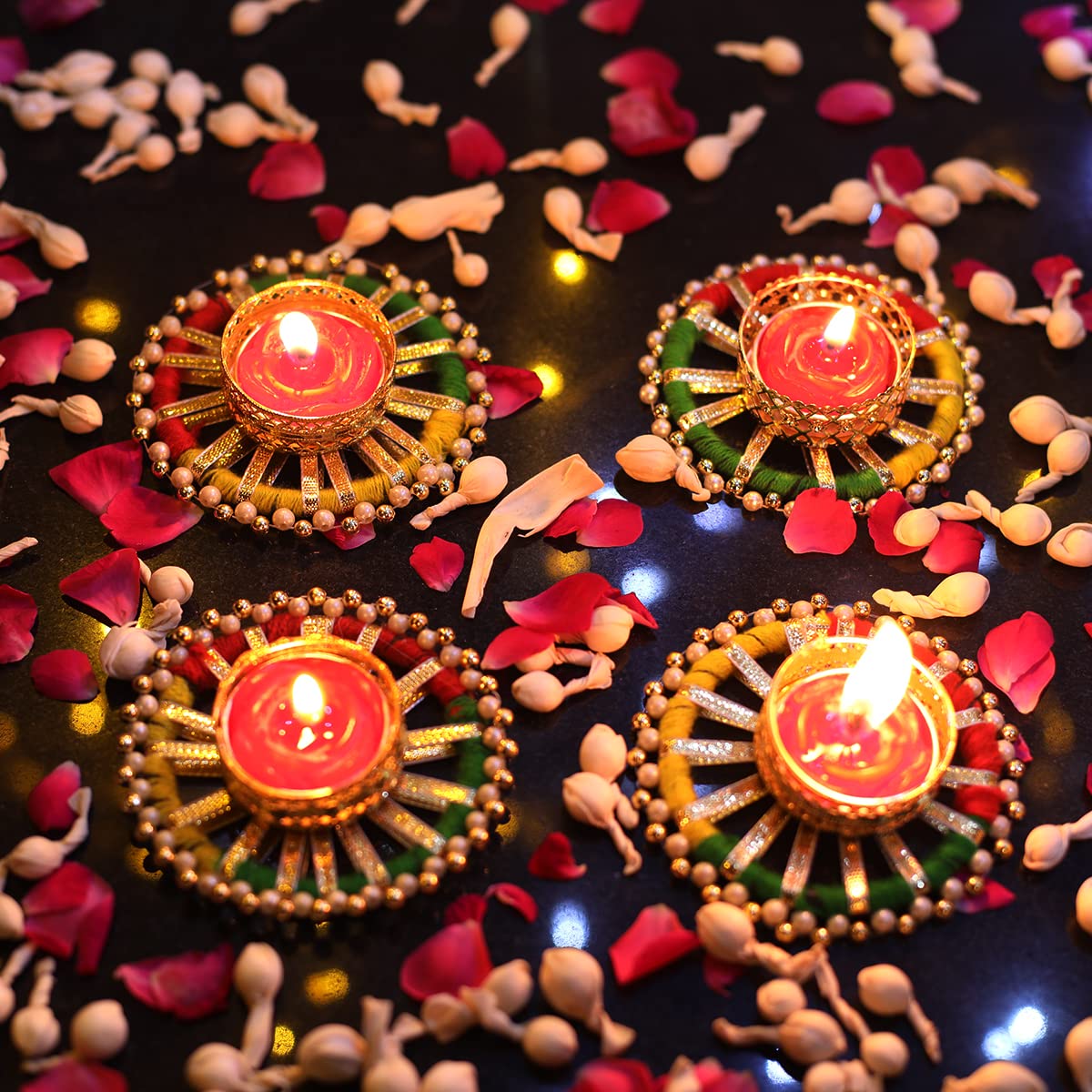 Set of 4 Metal Diyas Decorated with Bangle, Beads and Ribbon for Diwali