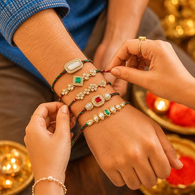 Traditional Kundan Polki Rakhi for Brother Set of 5