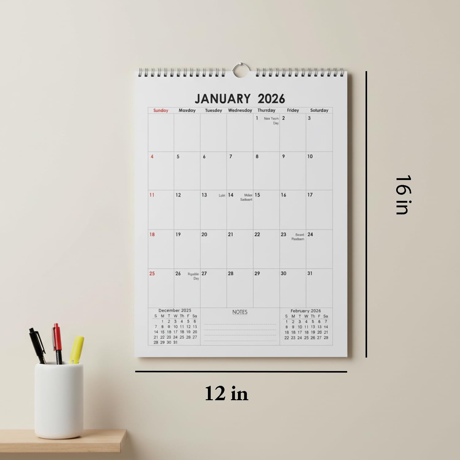 2026 Wall Calendar – Monthly Vertical Hanging Planner (January 2026 - December 2026) – Features Majo