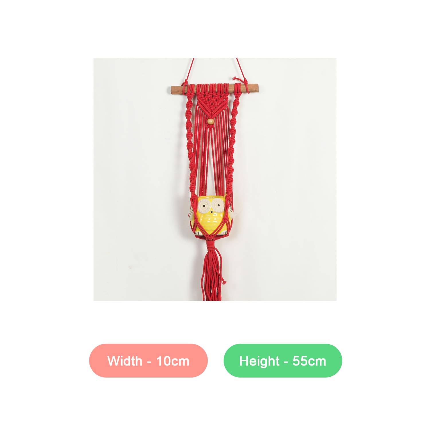 Macrame Indoor Plant Hanger with Owl Shaped Pot (Red)