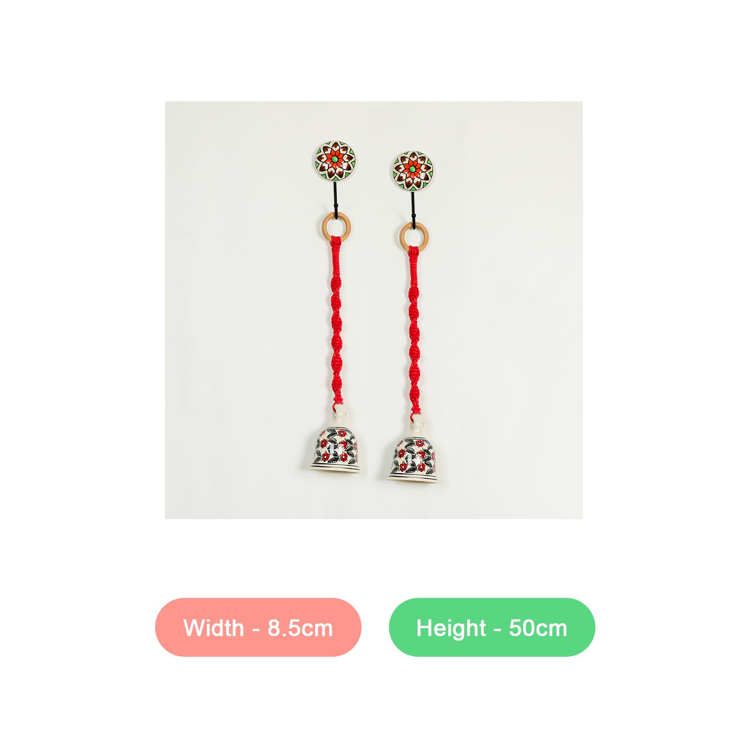 Macrame with Ceramic Bell Hanging Ornament and Hooks Boho Macrame Design Wall Decoration for Diwali,