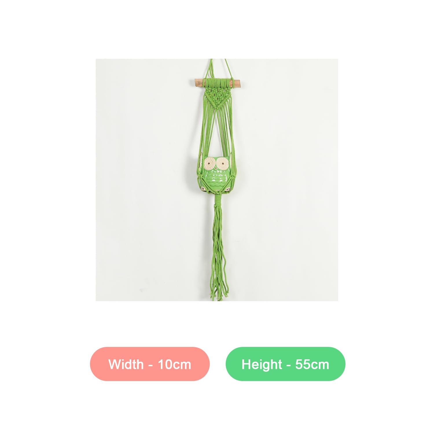 Boho Macrame Design Wall Hanging with Owl Shaped Plant Pot (Wall Hanging, Green)