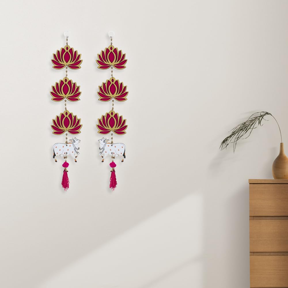 Lotus with Cow & Jhumki Style Hanging for Ganpati Decor and Diwali Decoration MDF Floral Wall Hangin