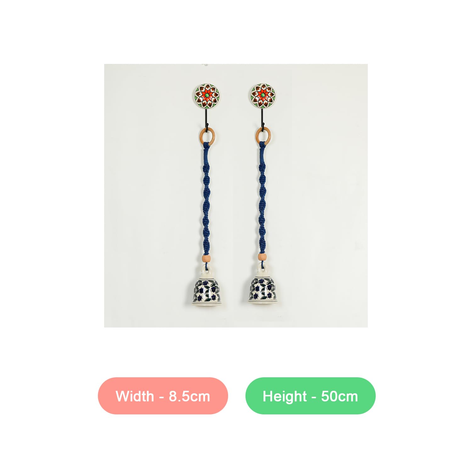 Macrame with Ceramic Bell Hanging Ornament and Hooks  Boho Macrame Design Wall Decoration for Diwali