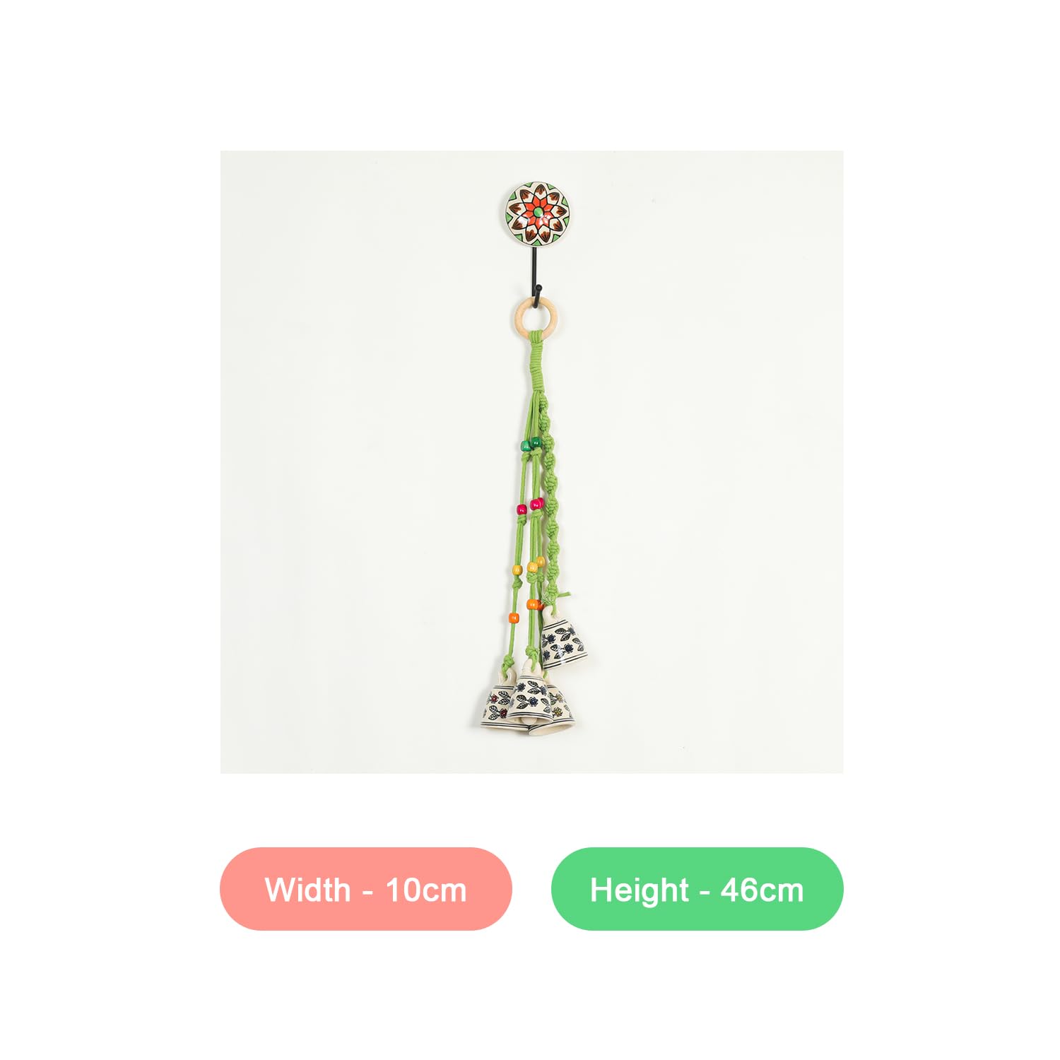 Macrame Wind Chimes Enhance Living Space for Diwali (4 Bells, 1 Ring Tied with Green Macrame Thread)