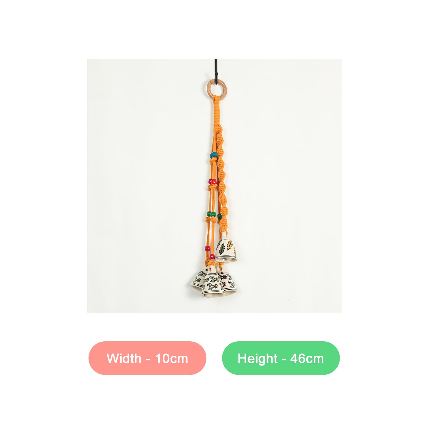 Macrame Wind Chimes Enhance Living Space for Diwali (4 Bells, 1 Ring Tied with Orange Macrame Thread