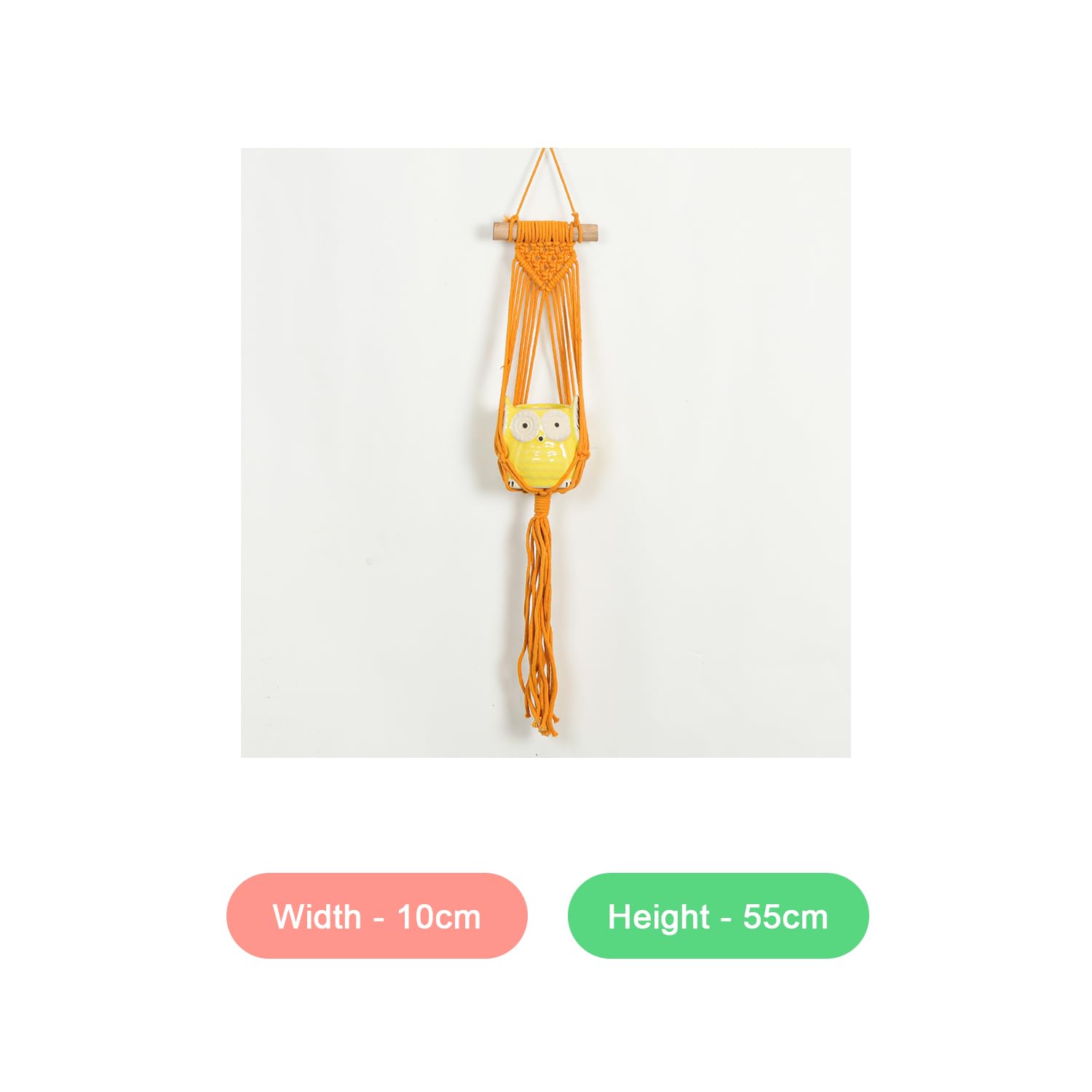 Boho Macrame Design Wall Hanging with Owl Shaped Plant Pot (Wall Hanging, Orange)