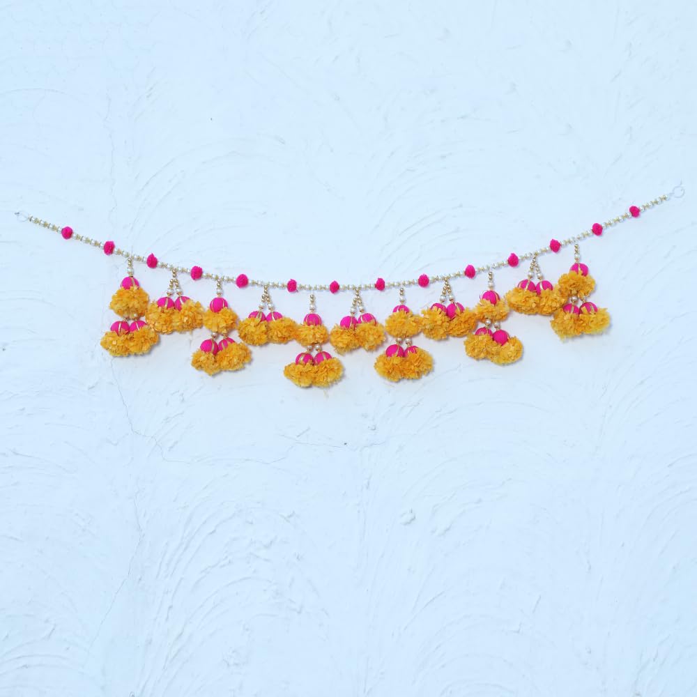 Toran for Main Door Entrance  48 Inch Handmade Entrance Plastic Beads Pom Pom Marigold Genda Traditi