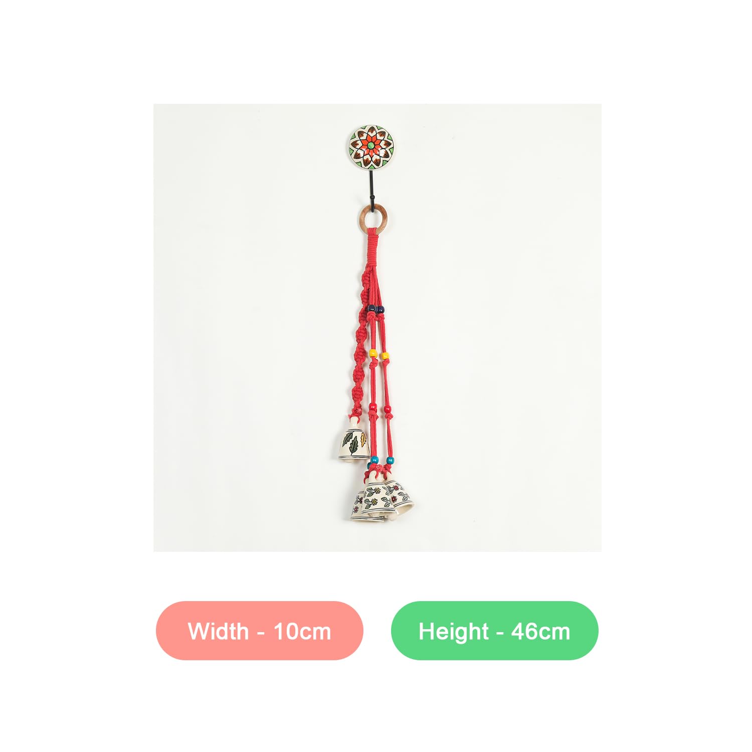 Macrame Wind Chimes Enhance Living Space for Diwali (4 Bells, 1 Ring Tied with Red Macrame Thread)