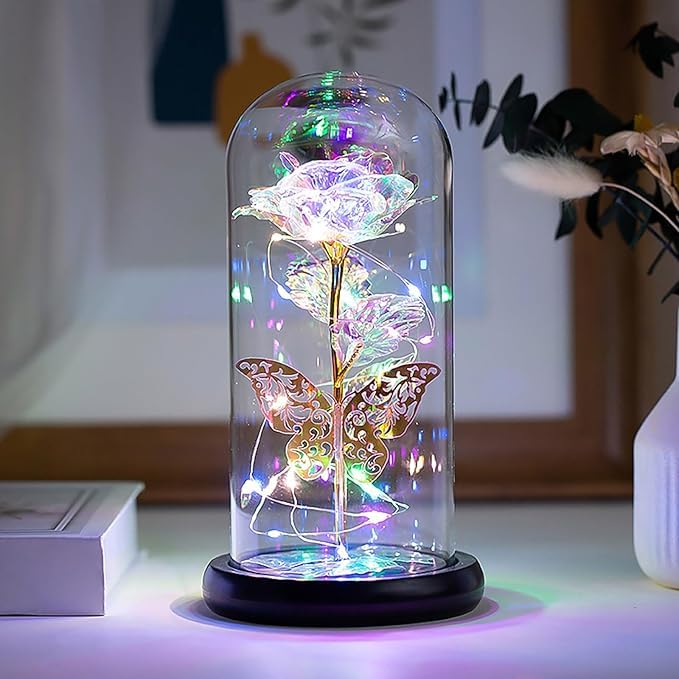 Forever Galaxy Rose Flower with Butterfly, Led Lights Gift 