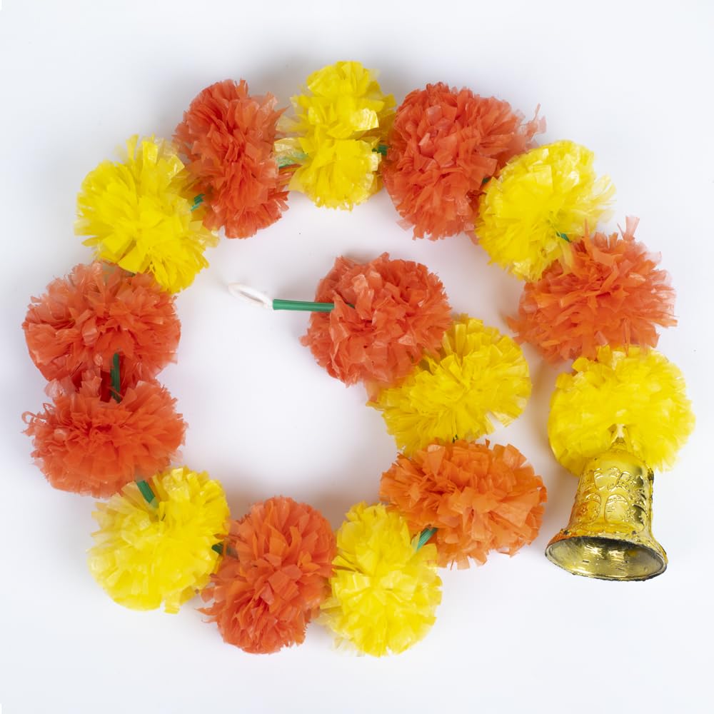 Marigold Artificial Fluffy Garland with Bell Used for Diwali, Festival  Home Decoration Colour Light