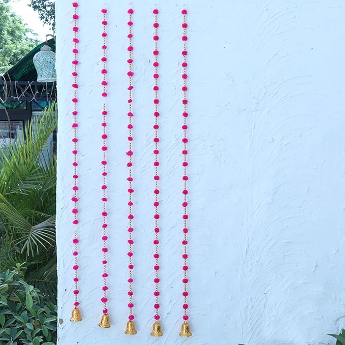 Handmade Dark Pink Strings Pom Pom for Door,Wall Hanging Bandhanwar Toran, Garland for Decoration Di