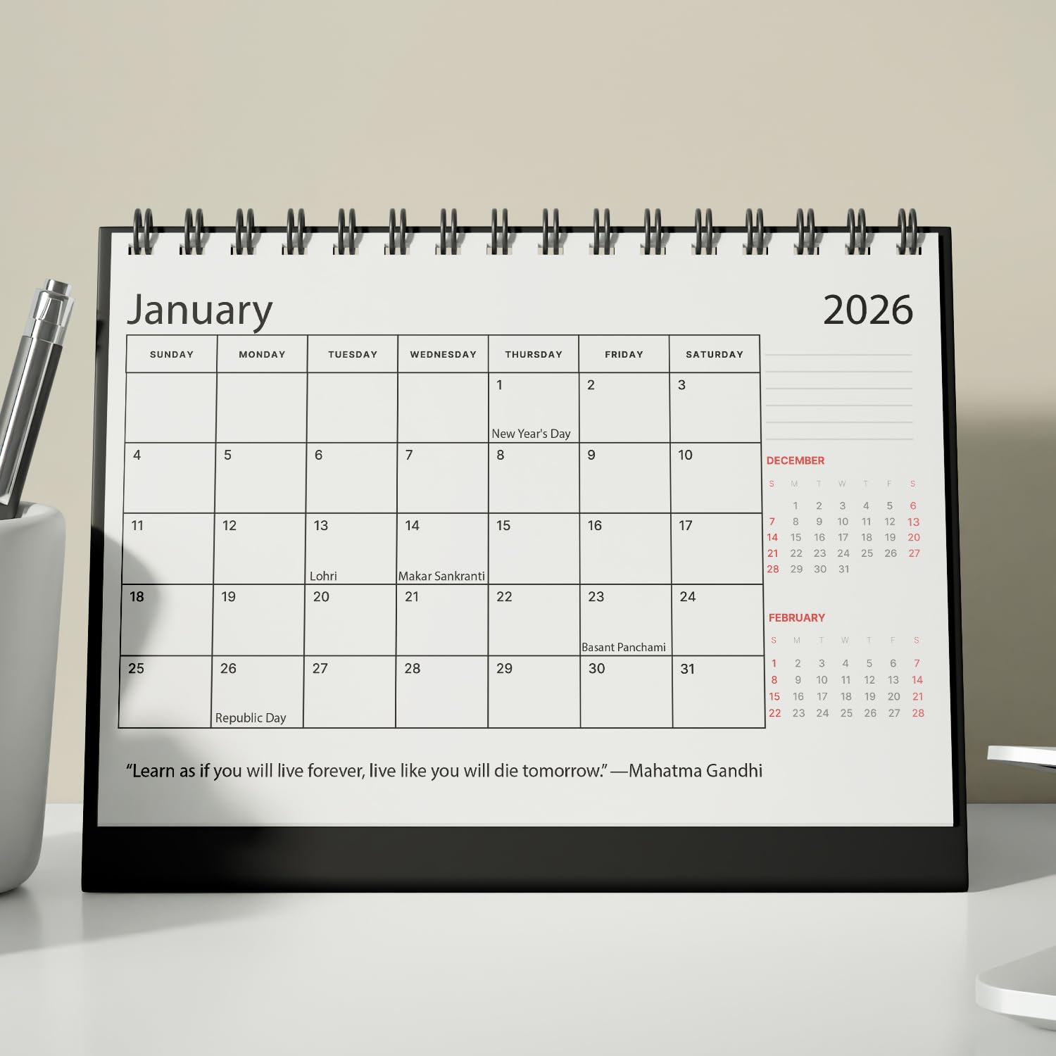 Black Wiro January 2026 to December 2026 Desk Calendar with Motivational Quotes  A5 Black and White 