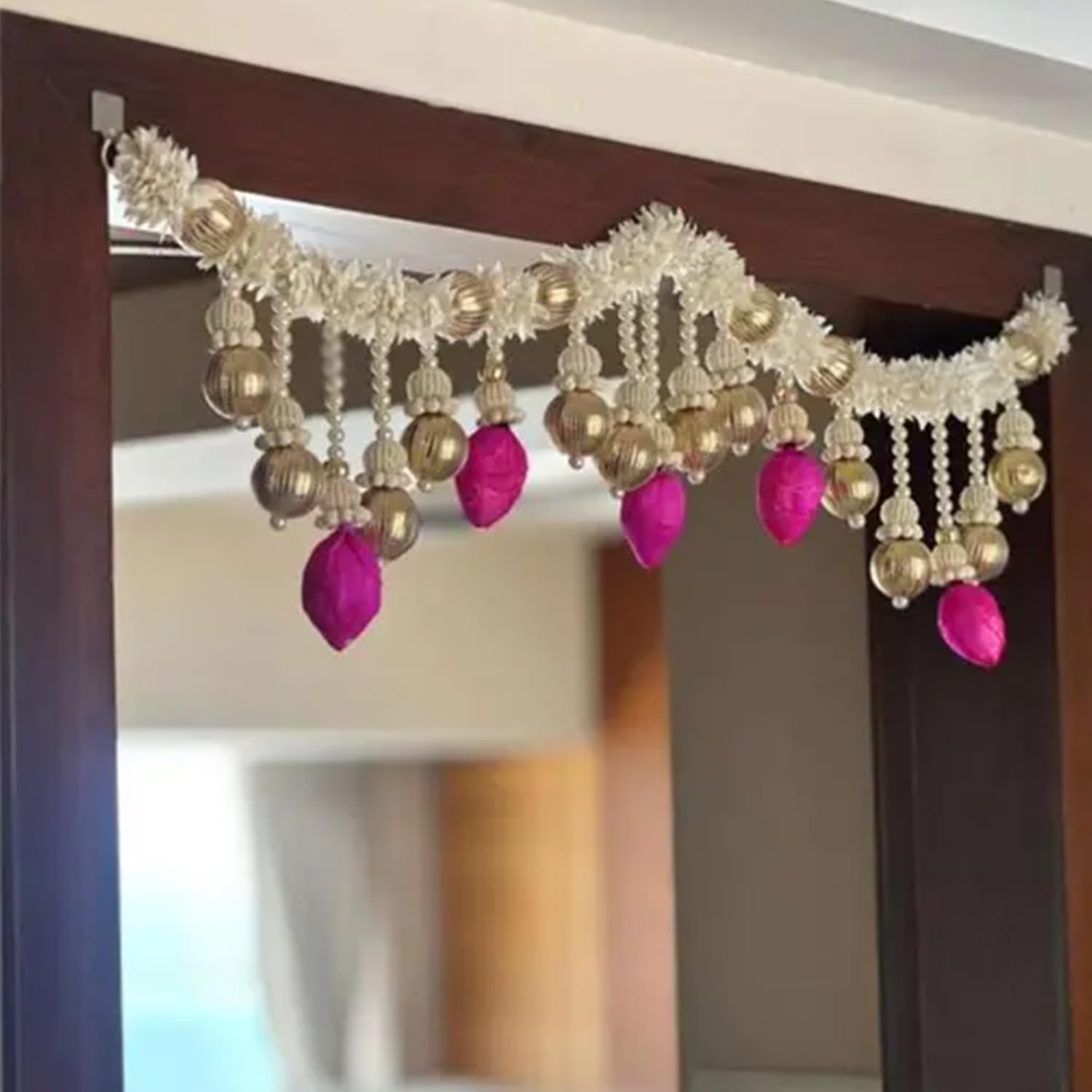 Toran for Main Door Entrance Traditional Handmade Door Hanging Toran with White Gajra, Pink Lotus & 
