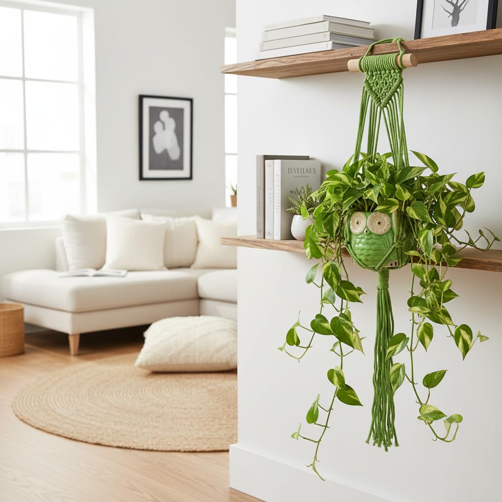 Boho Macrame Design Wall Hanging with Owl Shaped Plant Pot (Wall Hanging, Green)