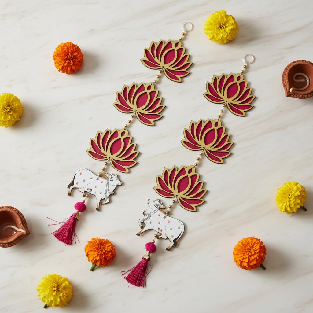 Lotus with Cow & Jhumki Style Hanging for Ganpati Decor and Diwali Decoration MDF Floral Wall Hangin