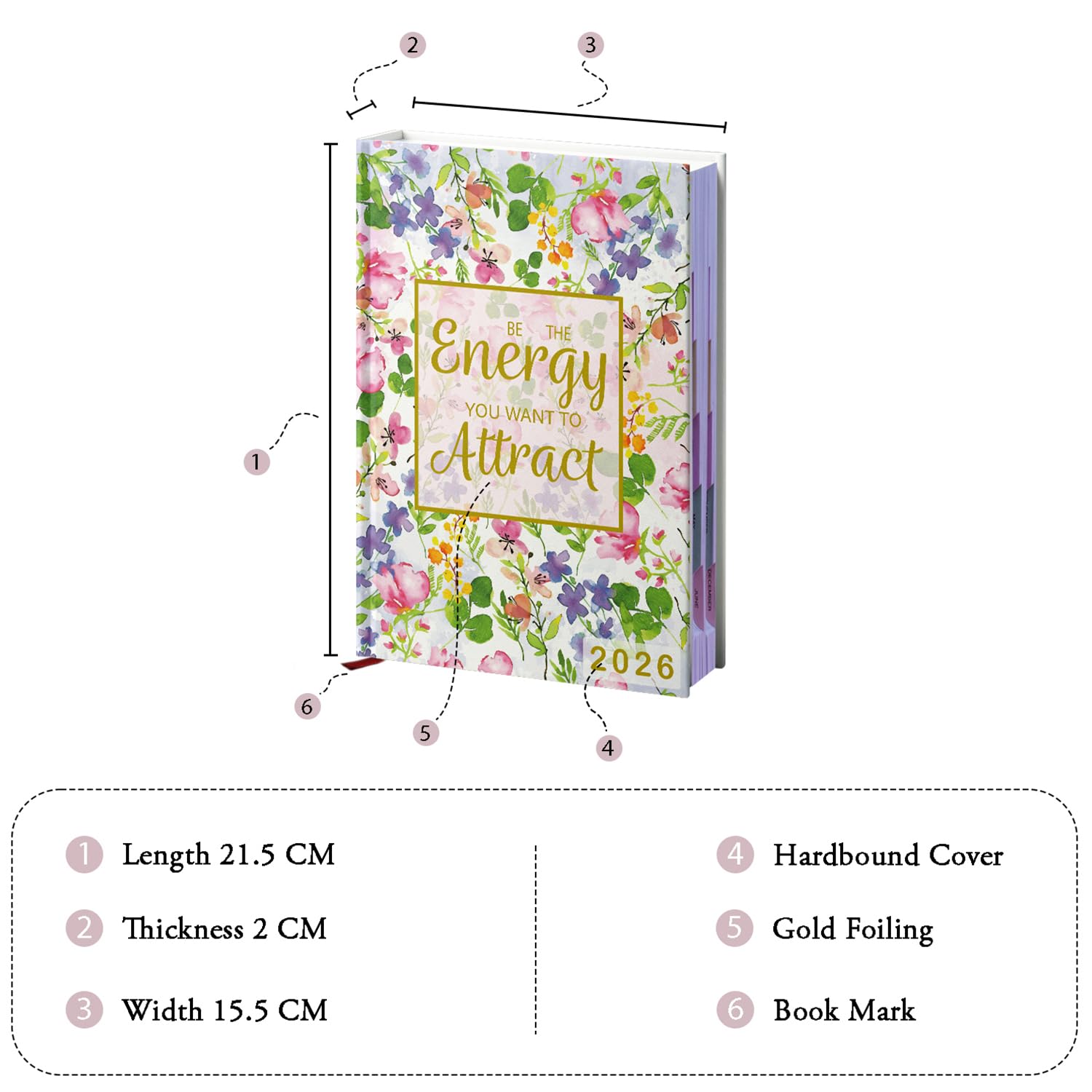 Be The Energy You Want To Attract Hard Bound Designer Notebook Diary 2026 with Dates, Daily Monthly 