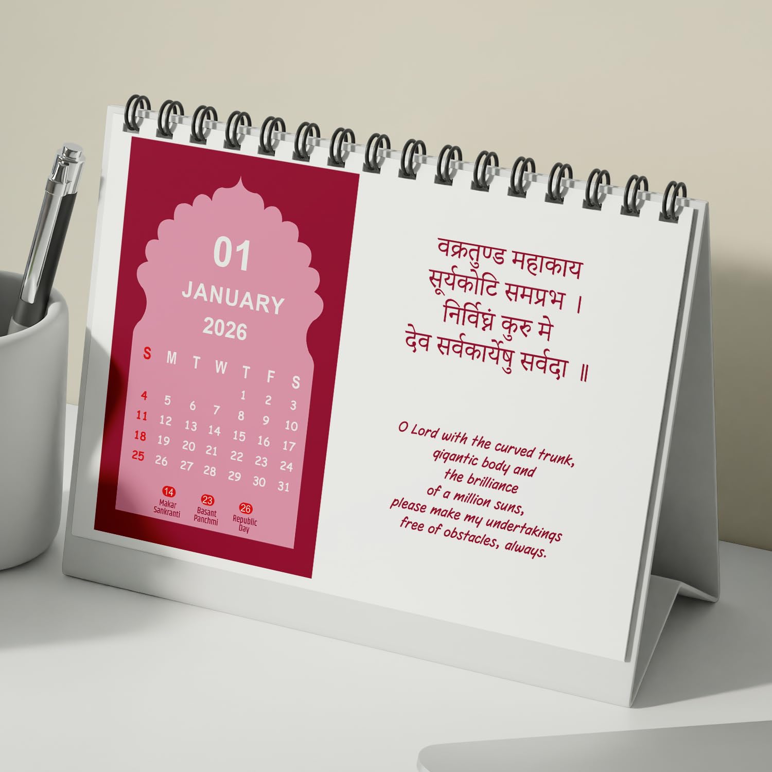 2026 Mantra Desk Calendar – Spiritual Hindu Shlokas with English Meaning – 12 Month Standing Table P