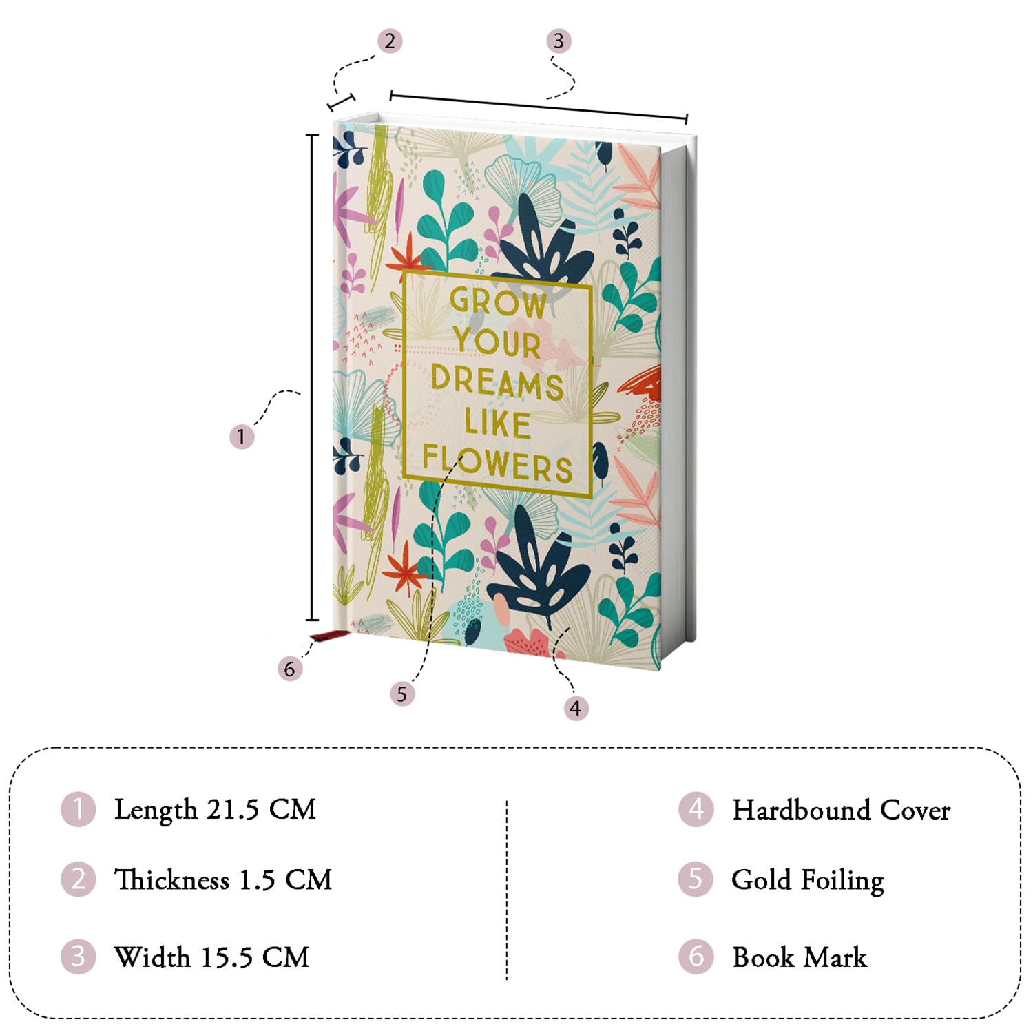 A5 Grow Your Dreams Like Flowers Hard Bound Designer Notebook Journal Diary 2026 with Undated Pages,