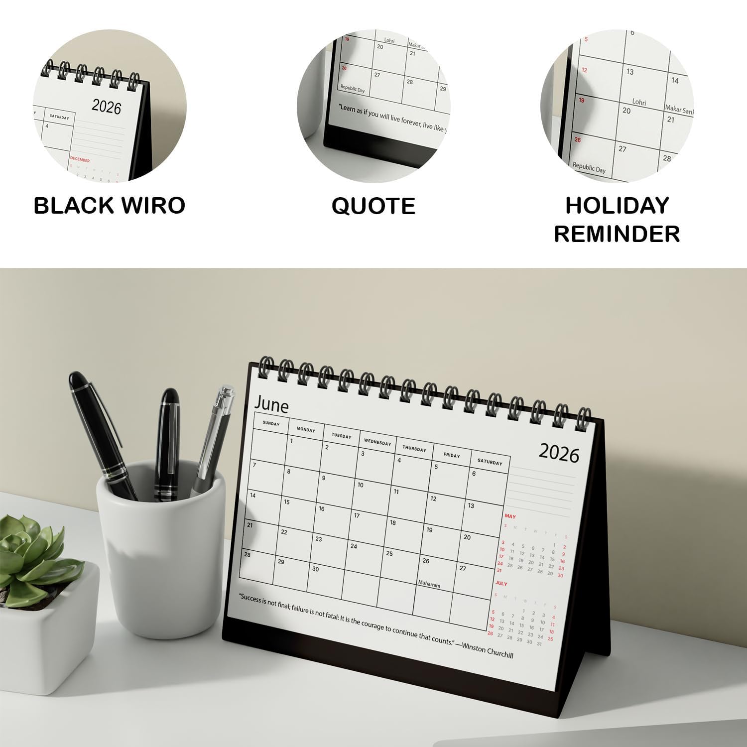 Black Wiro January 2026 to December 2026 Desk Calendar with Motivational Quotes  A5 Black and White 