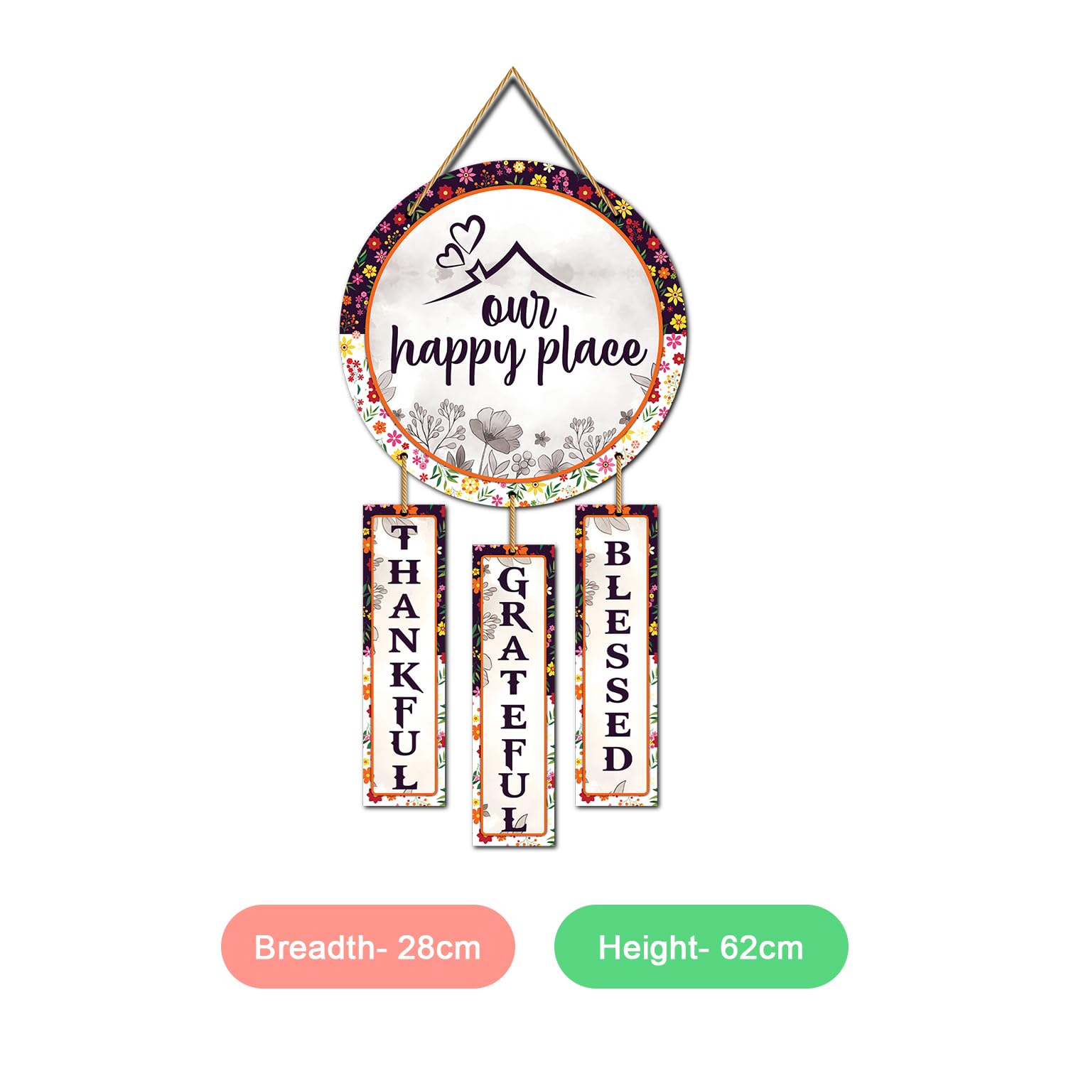 Our Happy Place Positive Quote Wall Hanging for Balcony -Blessed, Thankful, Grateful