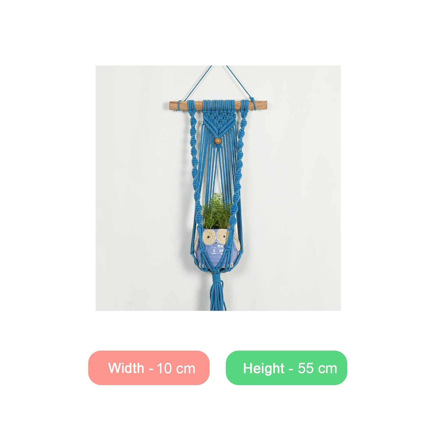 Macrame Indoor Plant Hanger with Owl Shaped Pot ((Spiral Knot, Sky)