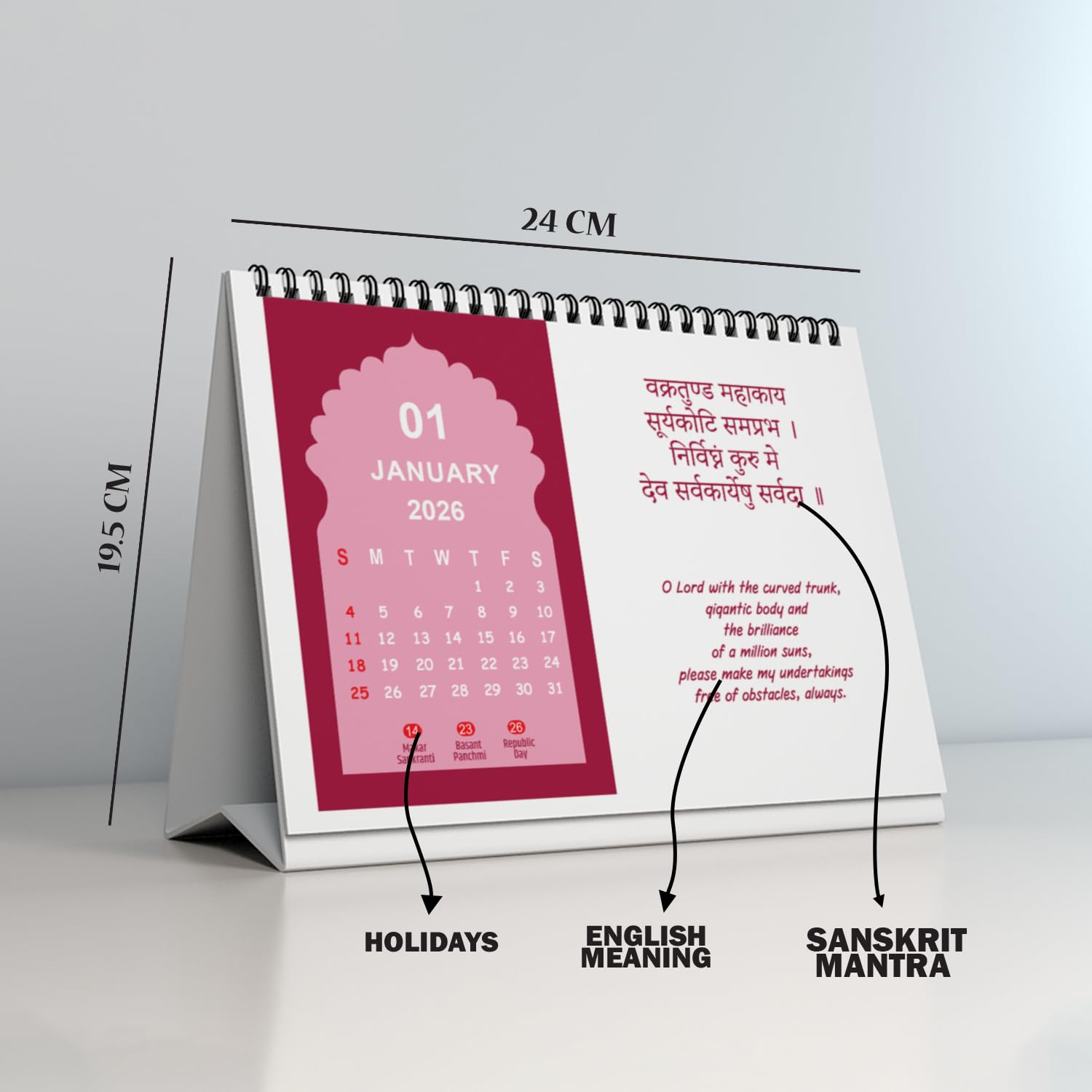 2026 Mantra Desk Calendar – Spiritual Hindu Shlokas with English Meaning – 12 Month Standing Table P