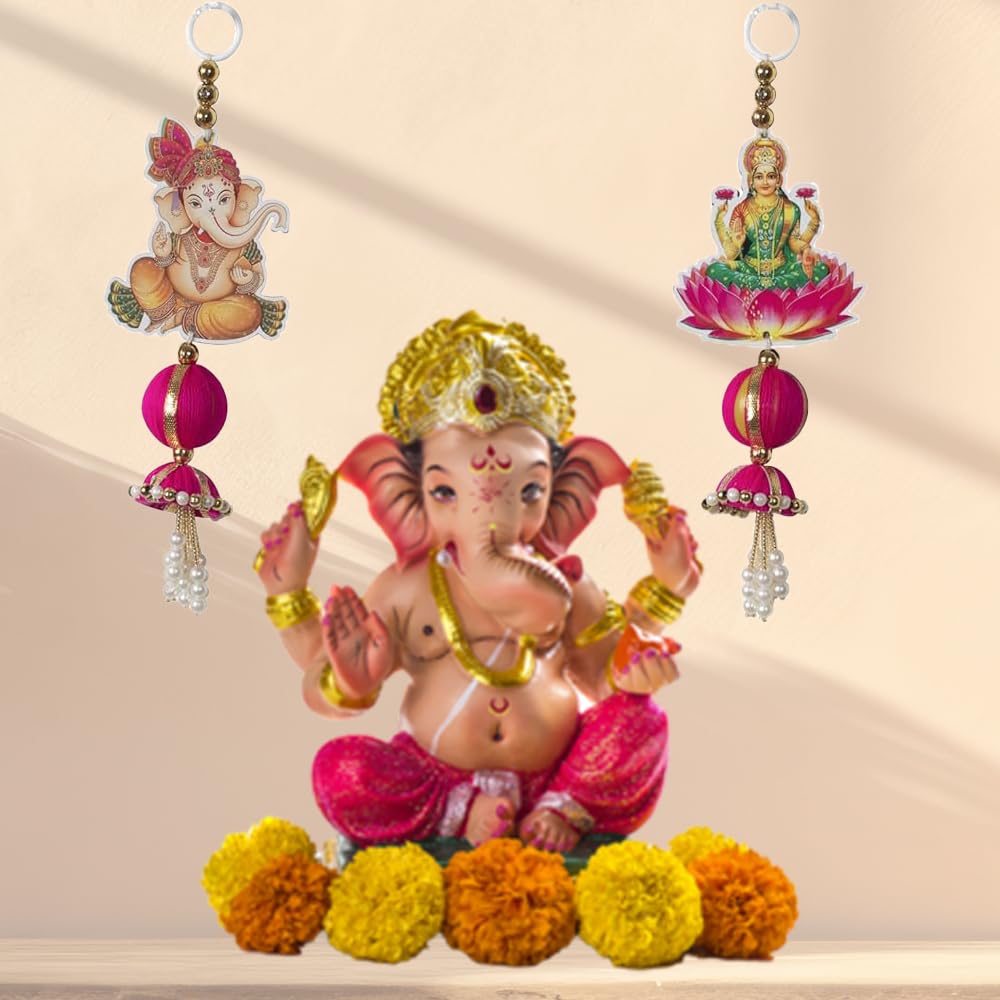 Plastic Lakshmi Ganesh Door Hanging With Jhumki&Pink Ball Set