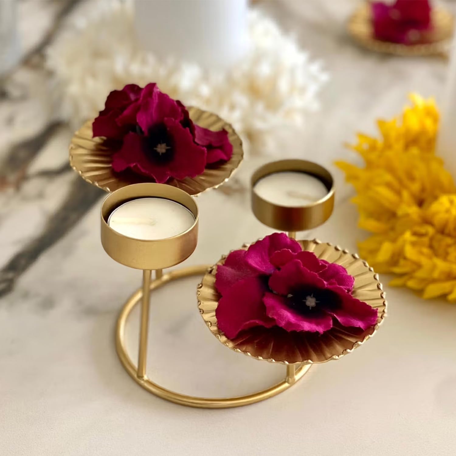 Diwali Decorative Tea Light Candle Holder Lotus Leaf Votive Centerpiece Tray for Living Room or Home