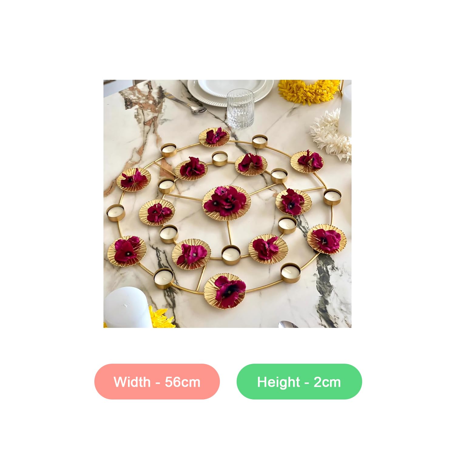 Round Iron Grand Rangoli Diya Tea Light Candle Holder with Lotus Leaf Votive Tray for Home and Festi