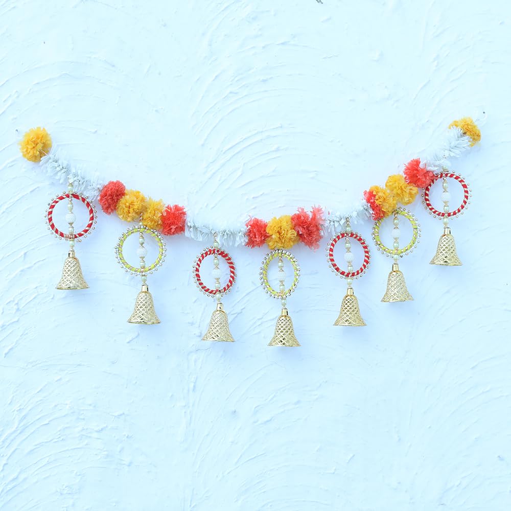Toran for Main Door  Handmade Beads, Bangles & Bells with Marigold Orange, Yellow Genda & White Jasm