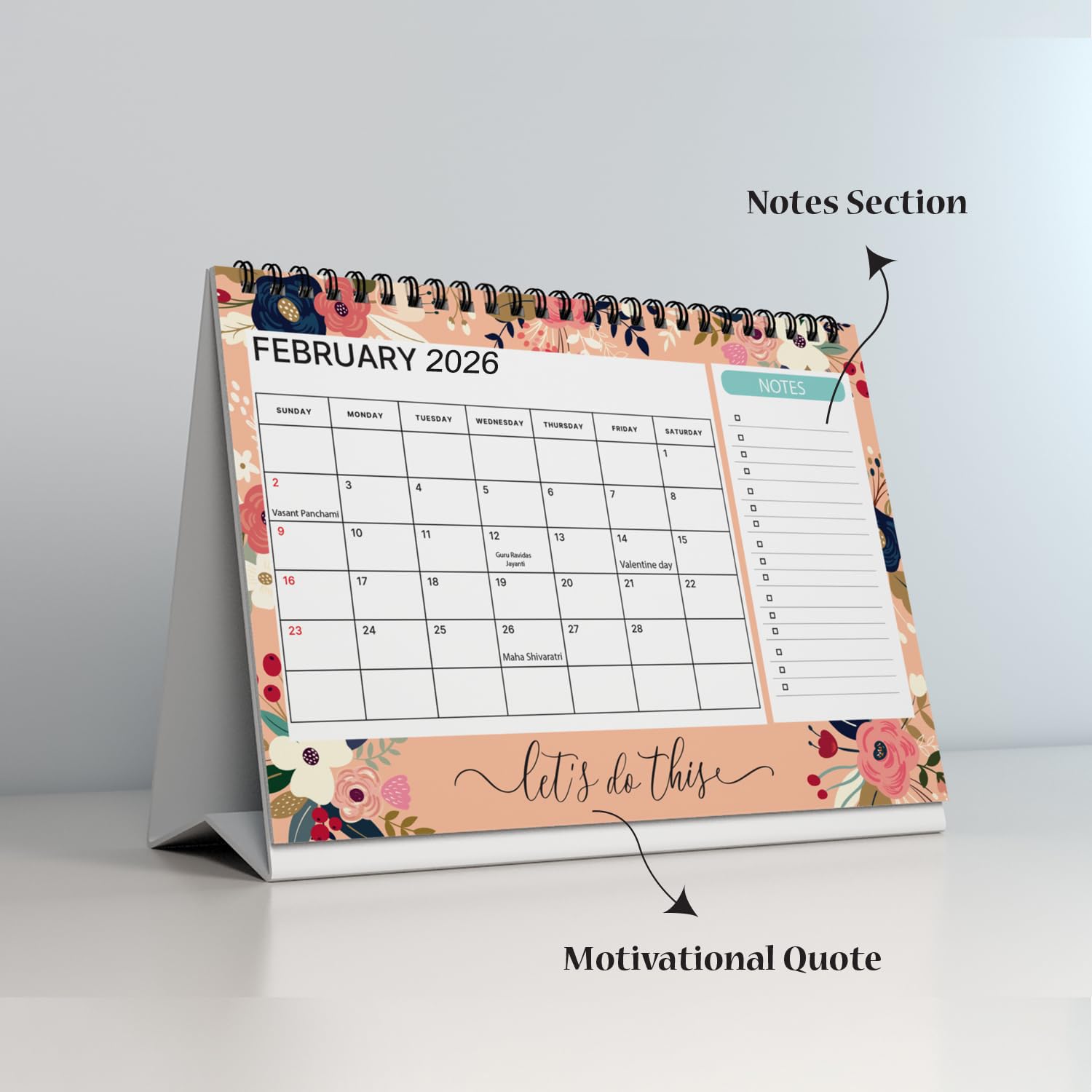 January - December 2026 l Floral Desk Calendar l With inspirational quotes -12 Months l Includes not