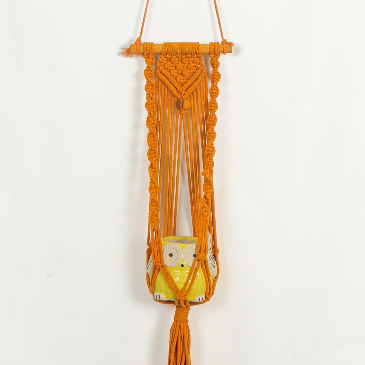 Macrame Indoor Plant Hanger with Owl Shaped Pot ((Spiral Knot, Orange)