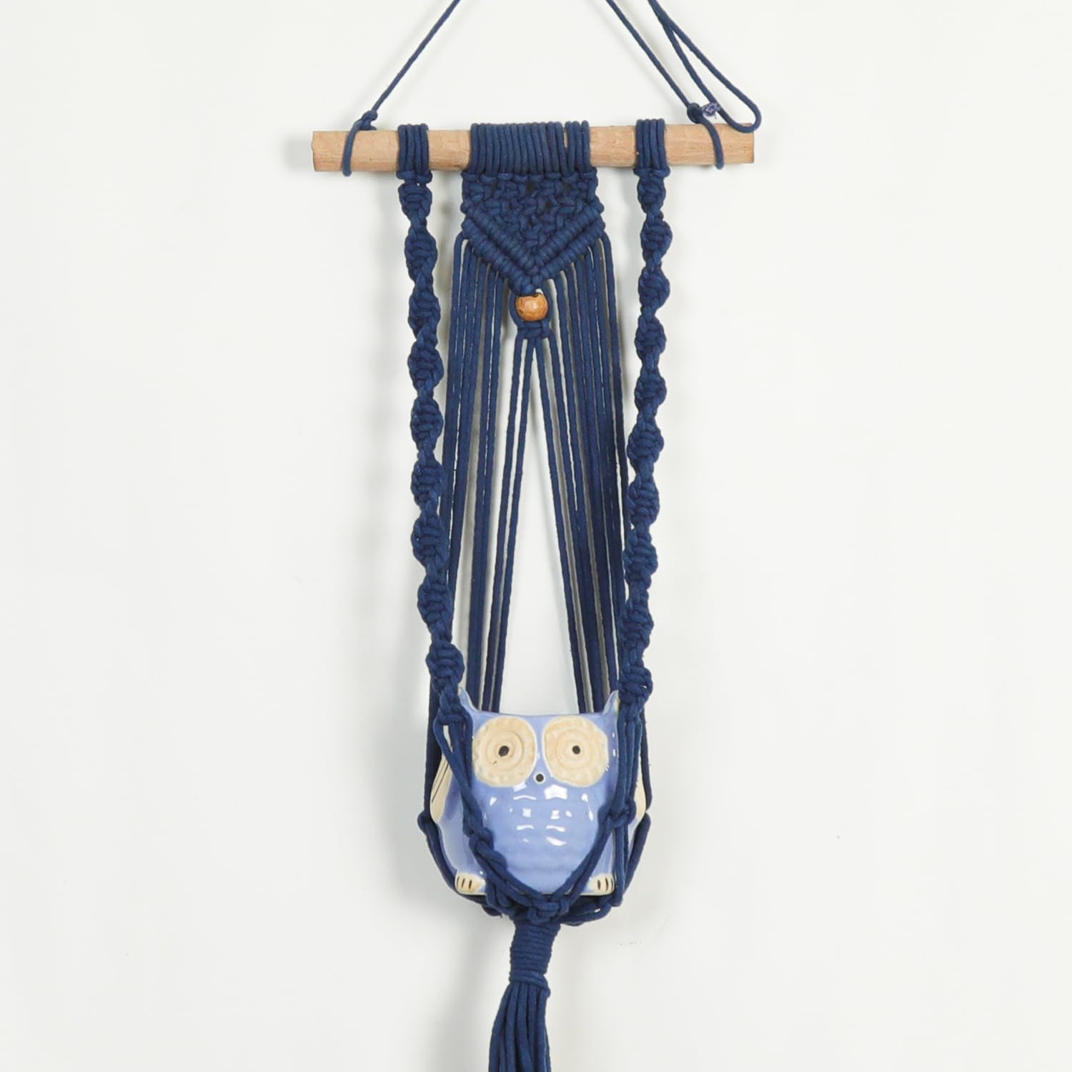 Macrame Indoor Plant Hanger with Owl Shaped Pot (Spiral Knot, Blue)