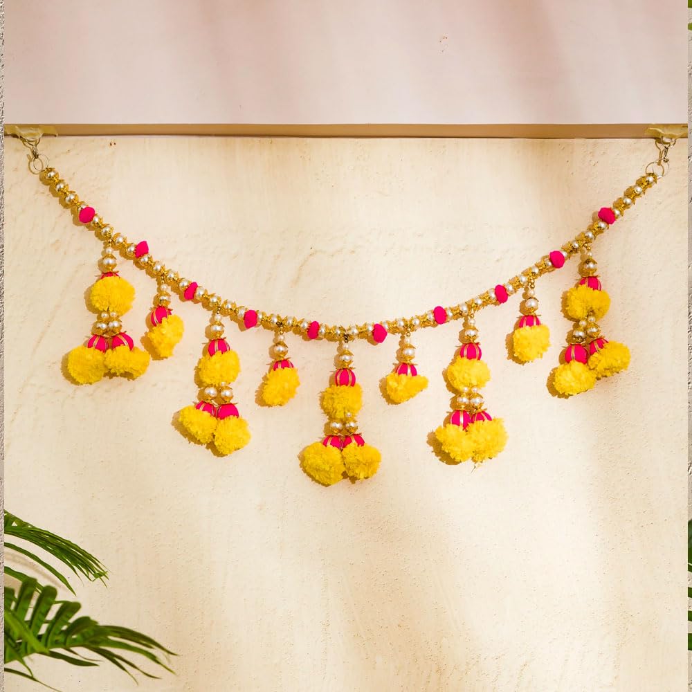 Toran for Main Door Entrance  48 Inch Handmade Entrance Plastic Beads Pom Pom Marigold Genda Traditi