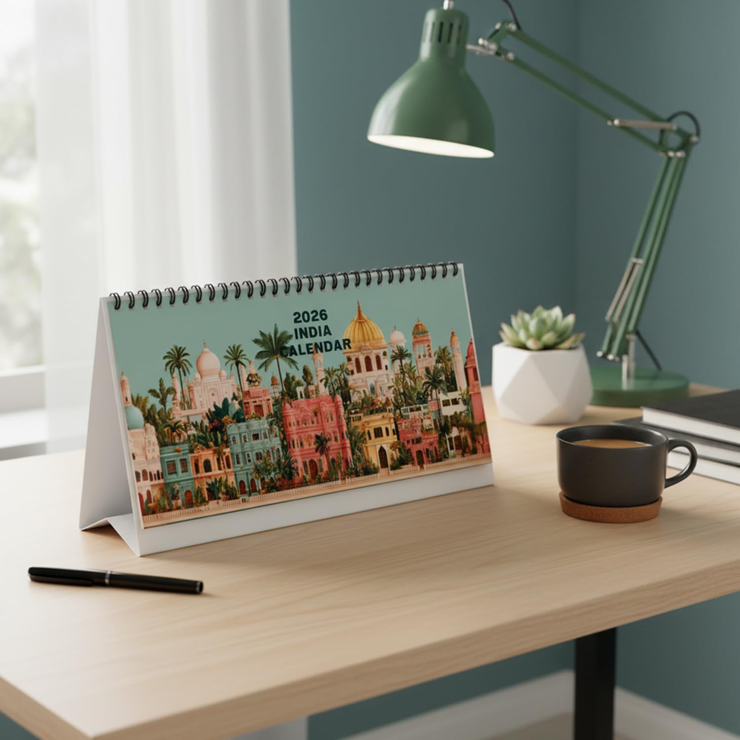 2026 India Travel Desk Calendar  Artistic Indian Destinations (Jaipur, Kerala) Wire-Bound Table Top 