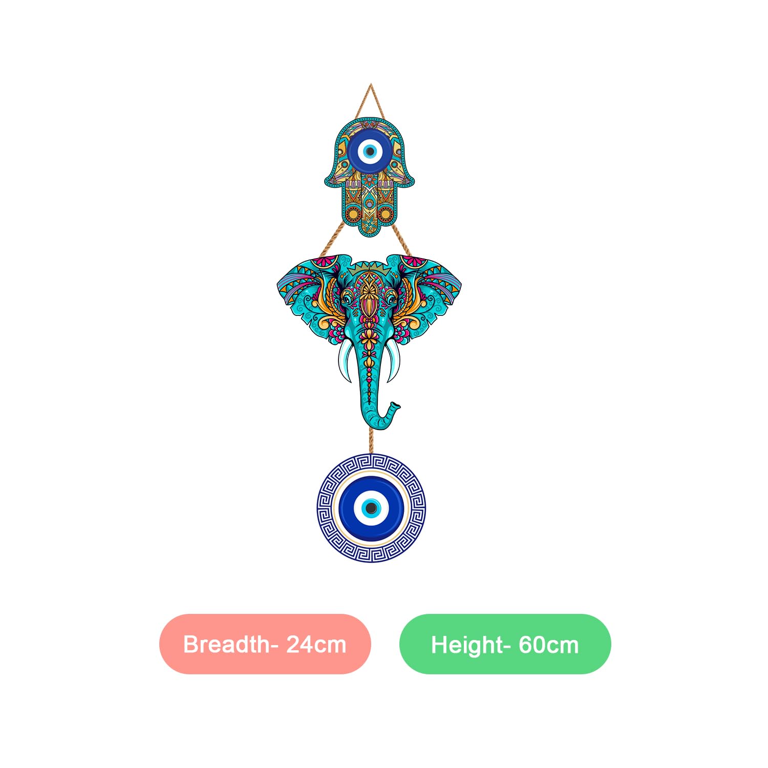 Evil Eye Hanging for Home Entrance, Elephant Design Wooden Turkish Blue Nazar Battu