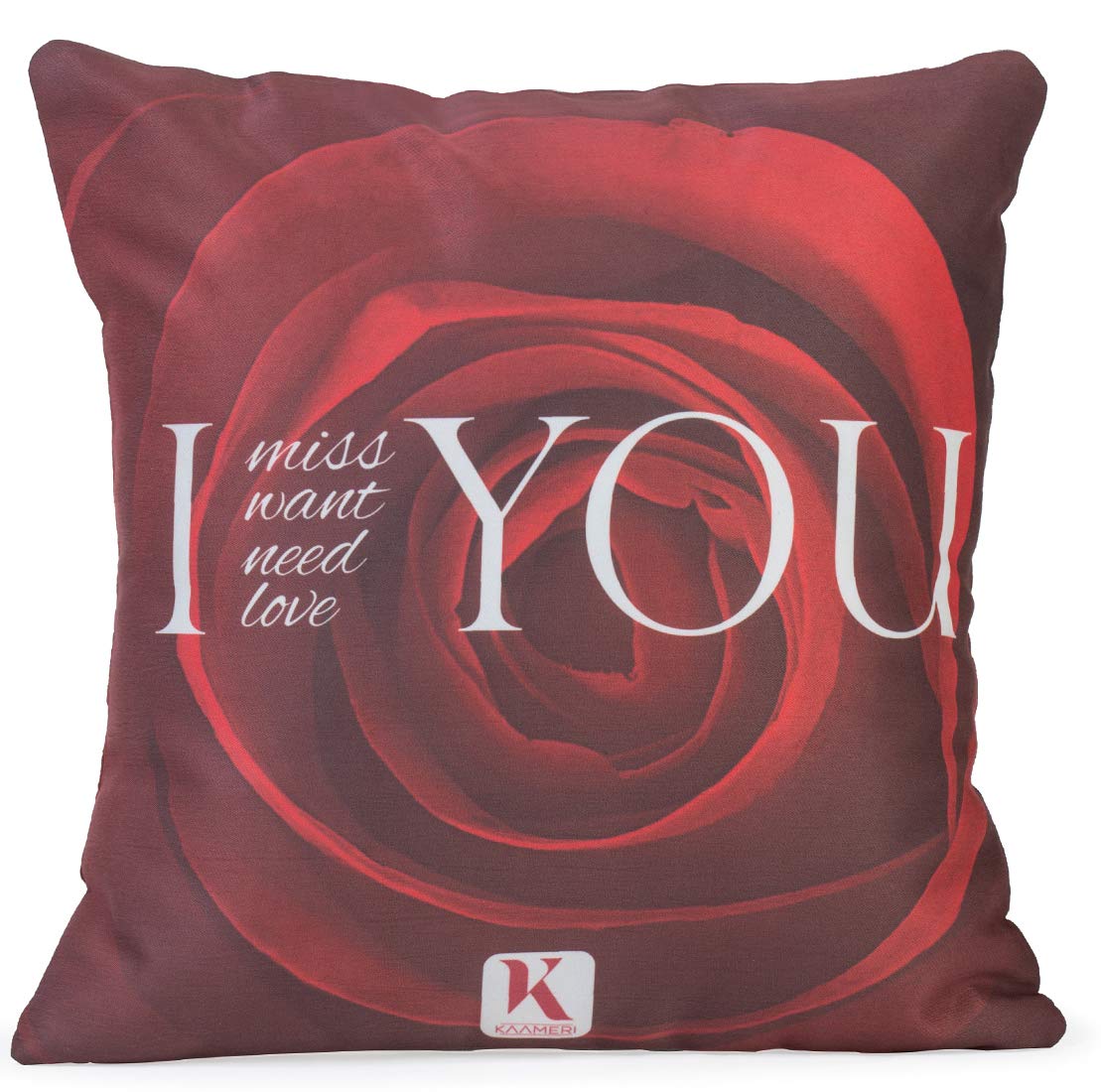 Valentines Day Micro Satin and Fibre red Rose with I Miss You Quote Printed Cushion Cover with Fille