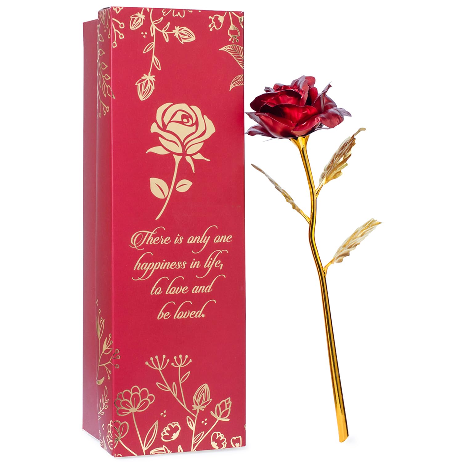 Artificial Red Rose, a Heart Shaped Metal box and Greeting Card