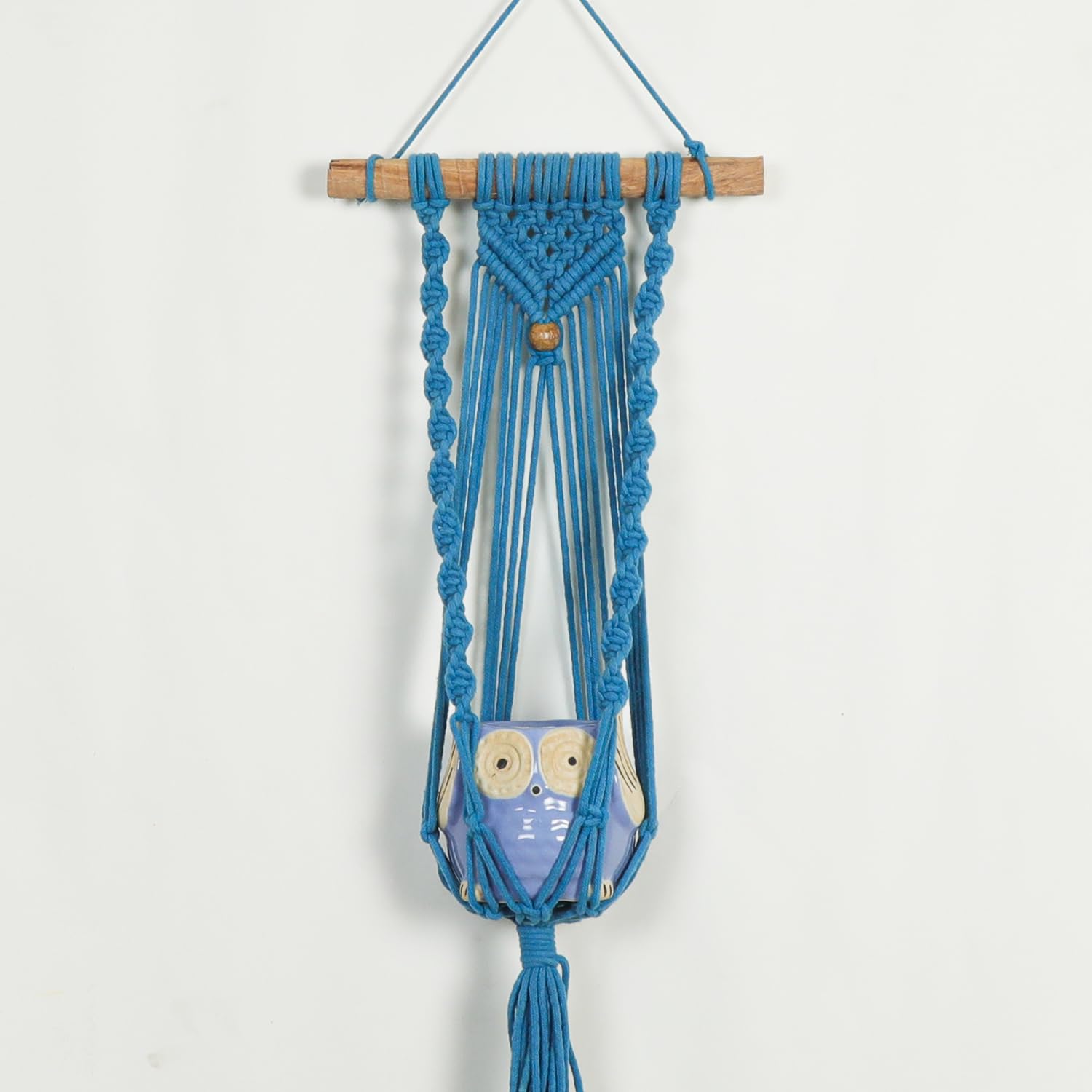 Macrame Indoor Plant Hanger with Owl Shaped Pot ((Spiral Knot, Sky)