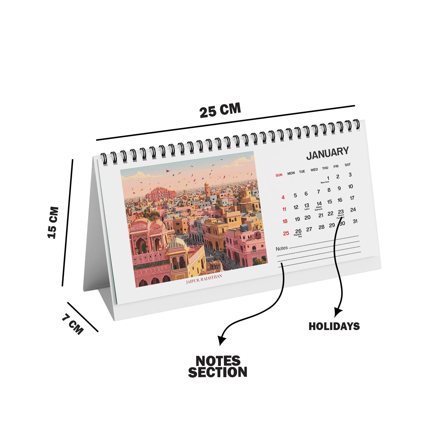 2026 India Travel Desk Calendar  Artistic Indian Destinations (Jaipur, Kerala) Wire-Bound Table Top 
