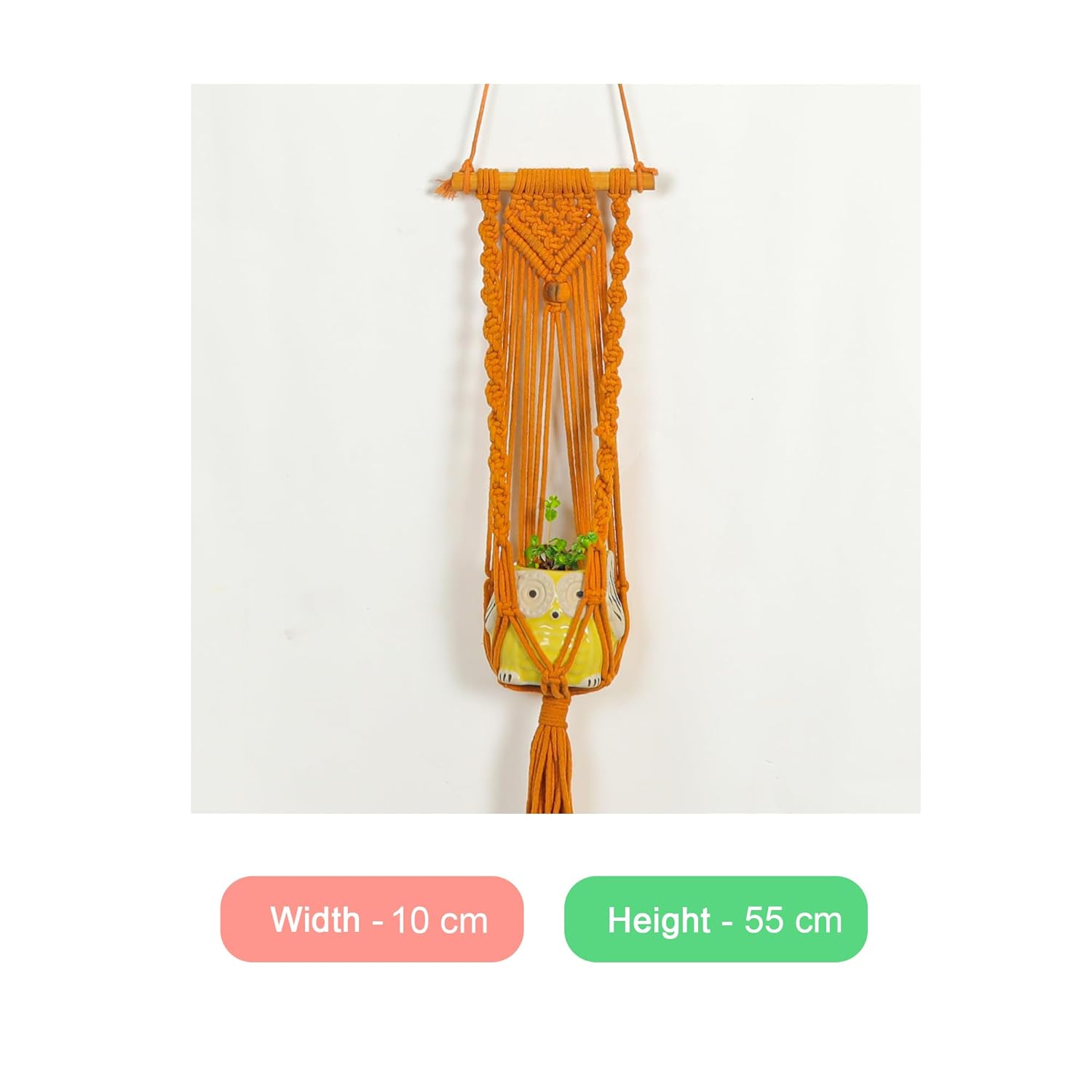 Macrame Indoor Plant Hanger with Owl Shaped Pot ((Spiral Knot, Orange)