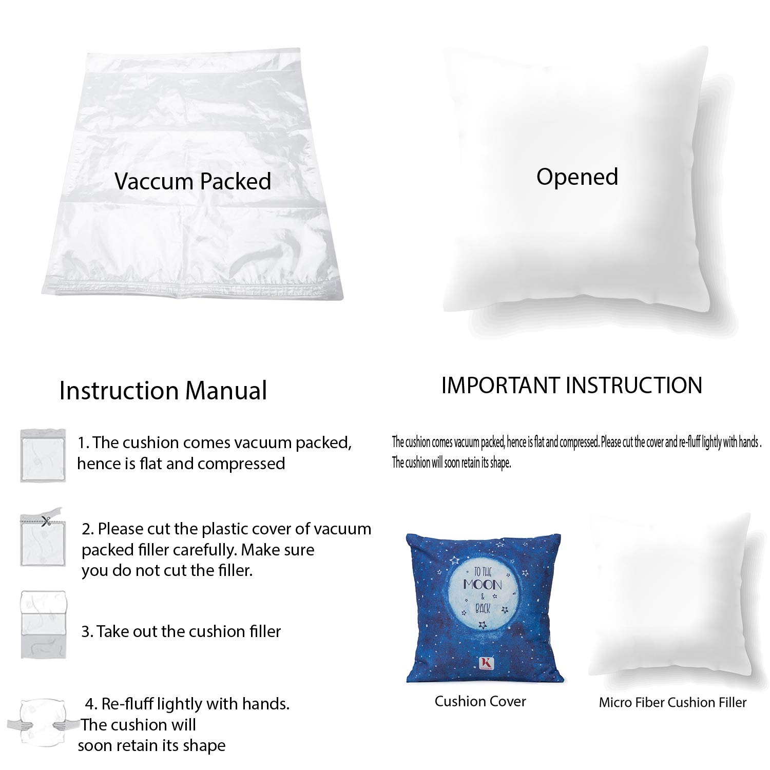 Valentines Day Gift, to The Moon and Back Quote Printed Cushion Cover with Filler(Blue 12 x 12) and 