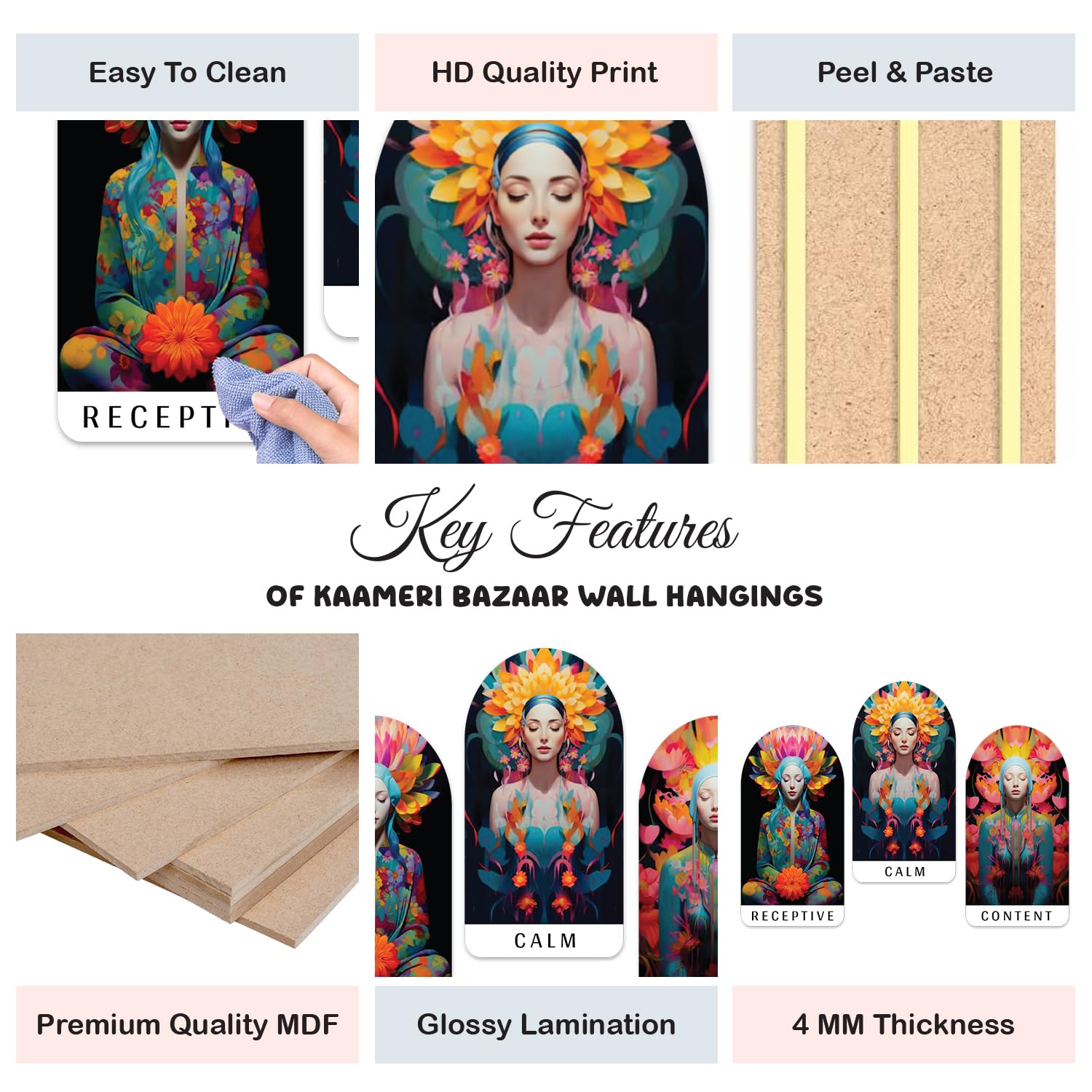 Calm, Content, Receptive Spiritual Yoga Studio Wood Print Wall Art Home Decor Set of 3 Pieces