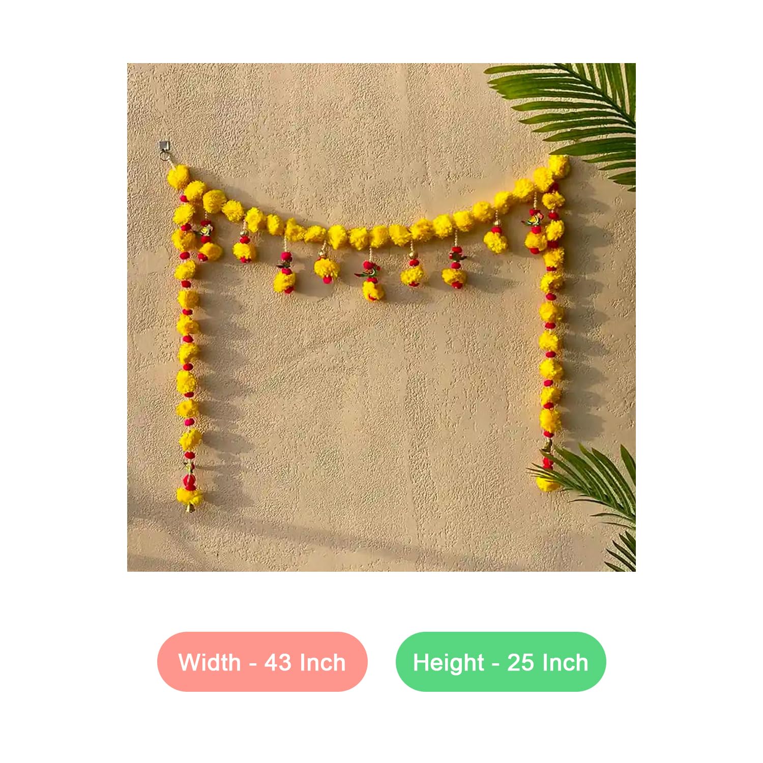 Handmade Beads, Parrot, Pom Pom and Bells with Yellow Marigold Flower, Traditional Door Hanging Band