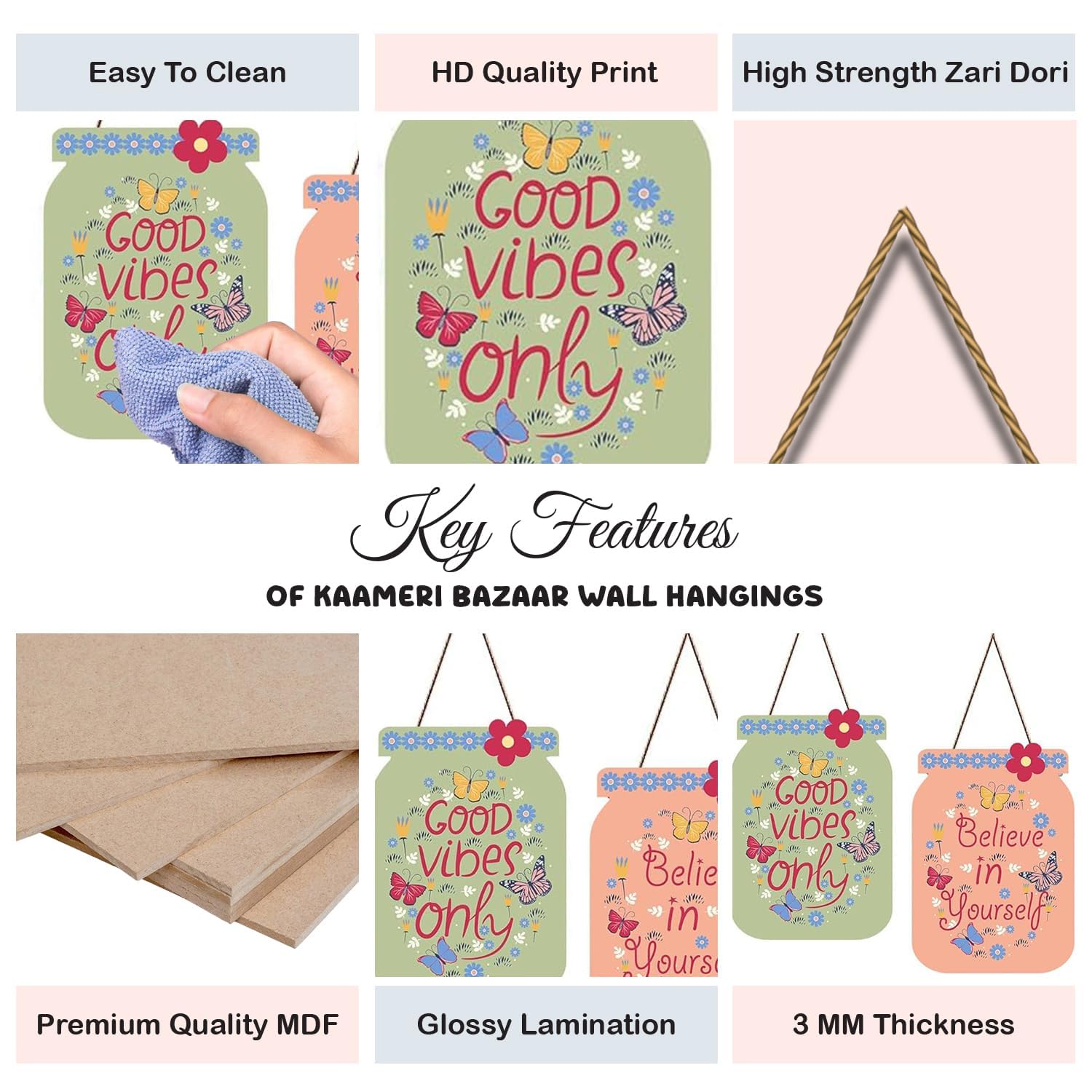 Good Vibes Quote Decorative Wall Art MDF Wooden Wall Hanger (Set of 2)