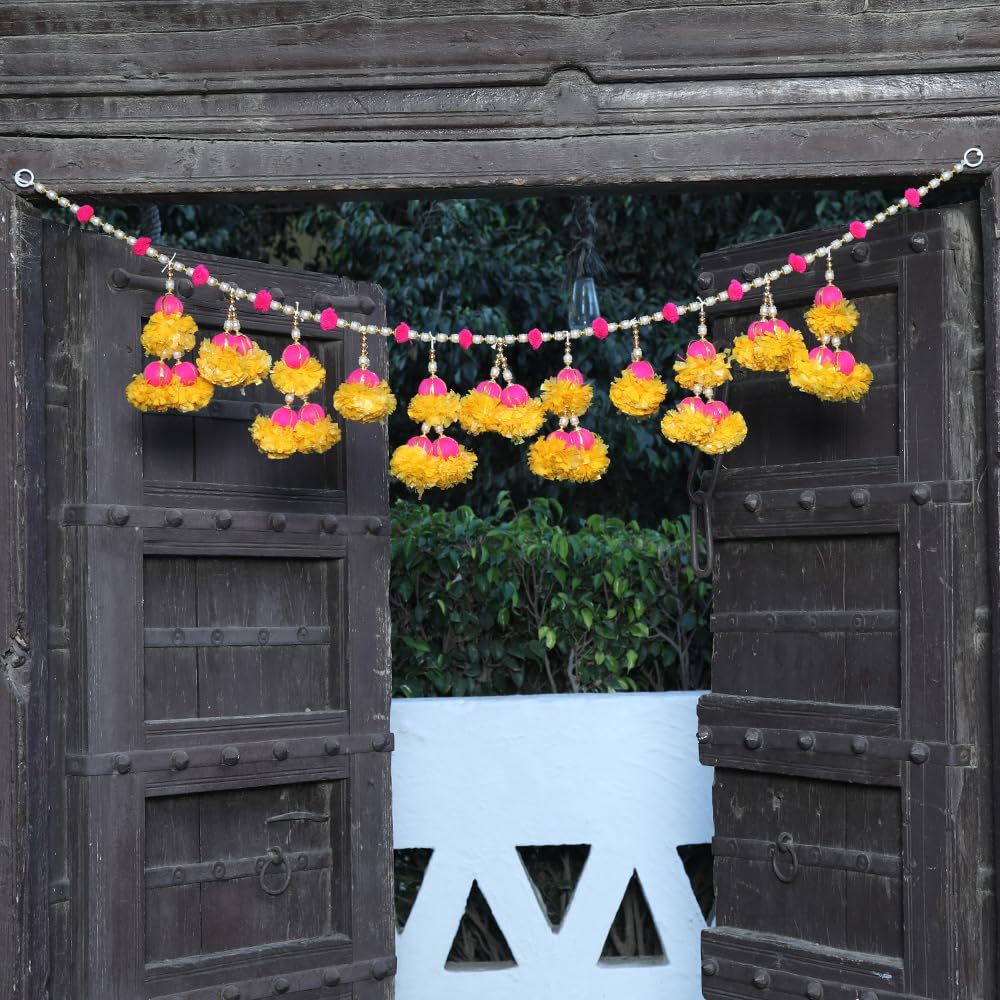 Toran for Main Door Entrance  48 Inch Handmade Entrance Plastic Beads Pom Pom Marigold Genda Traditi