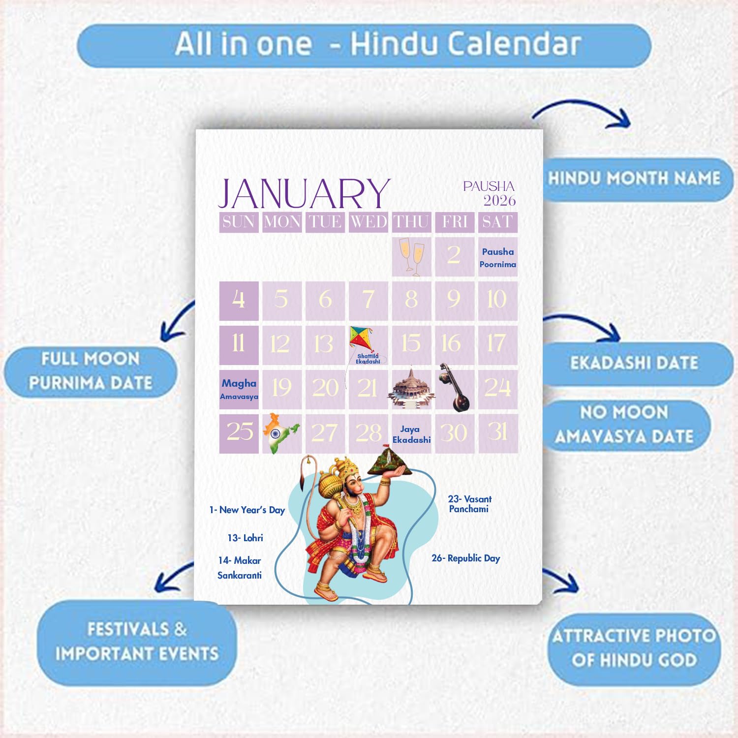 2026 Religious Wall Hanging Calendar  January 2026 To December 2026  Hindu Wall Calendar