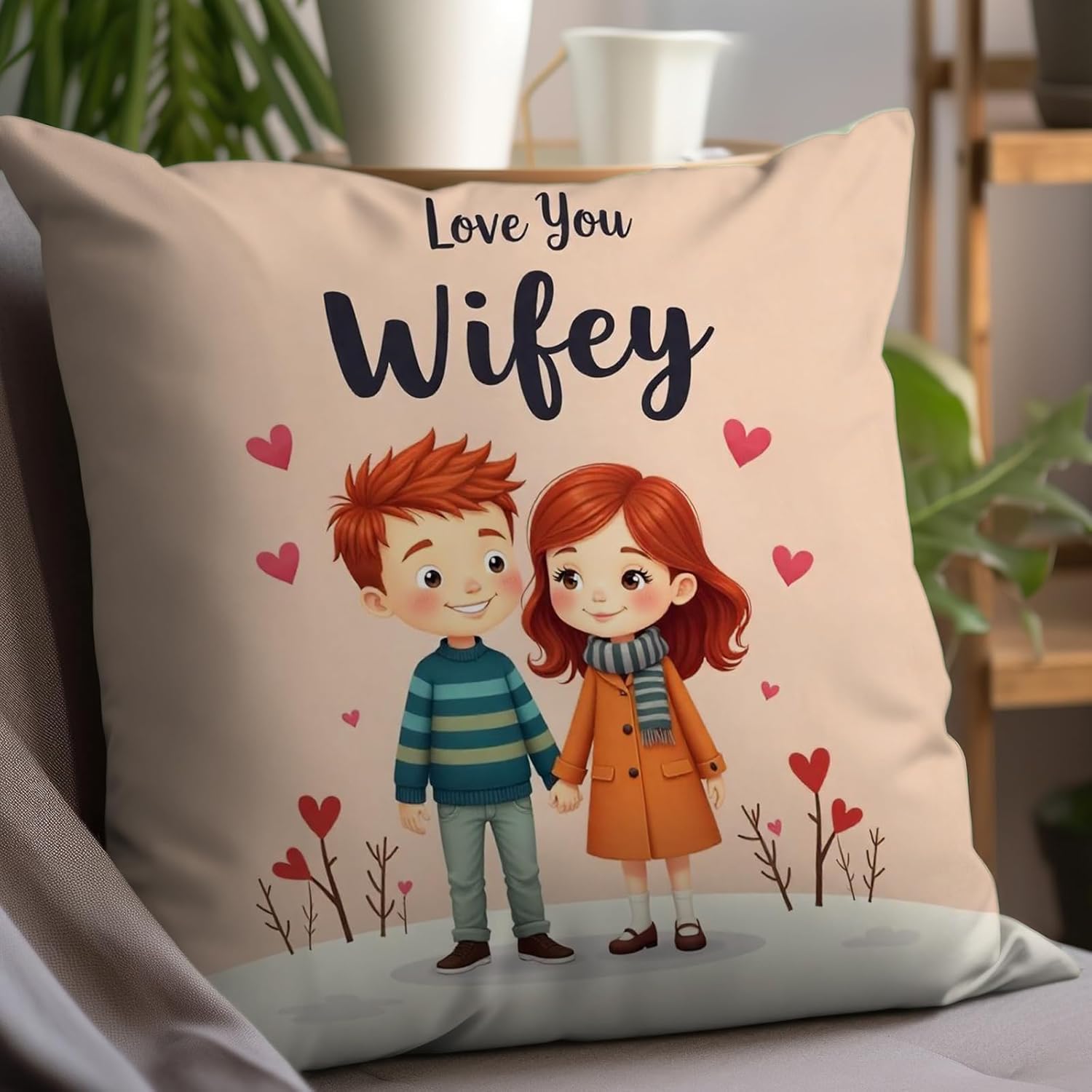 Cushion Cover Valentine Day Gift For Wife, Love You Wifey Quoted Cushion Cover With Microfiber Filll
